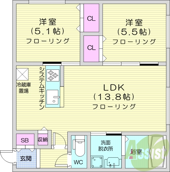 2LDK、都市ガス、エアコン、追い焚き、浴室乾燥機