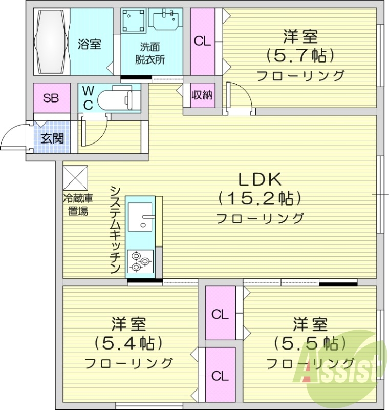 3LDK、都市ガス、エアコン、追い焚き、浴室乾燥機