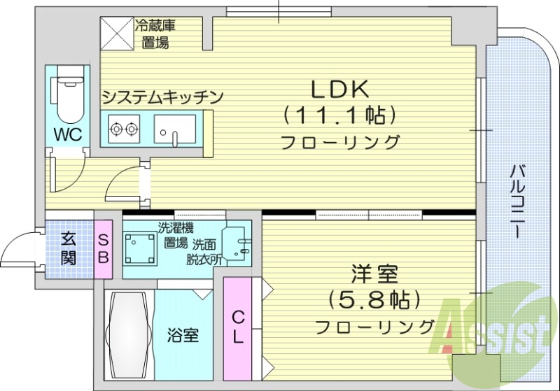 1LDK、システムキッチン、ネット無料、角部屋
