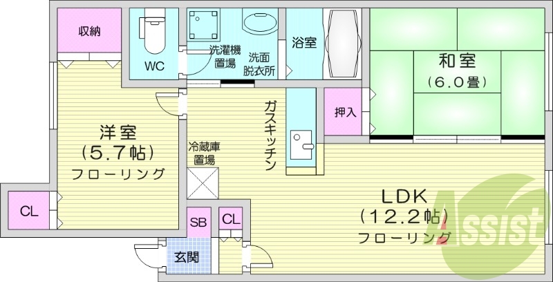 2LDK、独立洗面台、ウォシュレット、シューズボックス