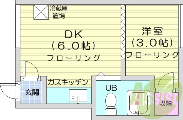 1DK、灯油暖房、収納、ガスキッチン、お風呂