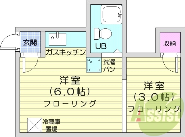 1DK、灯油暖房、収納、ガスキッチン、お風呂