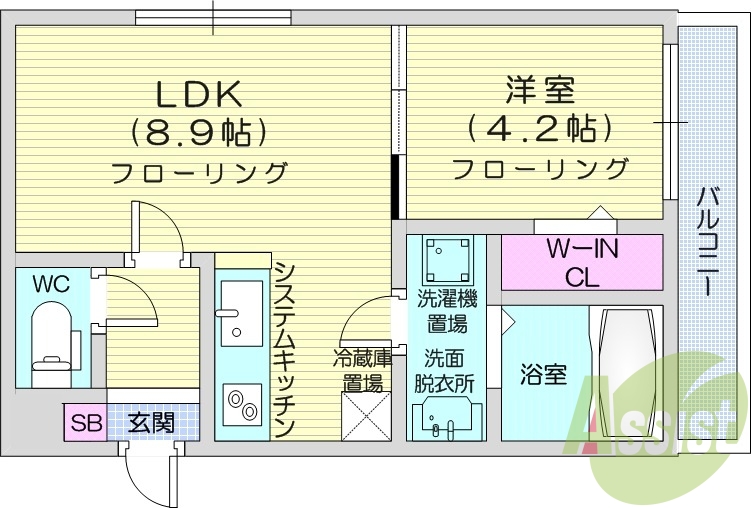 1LDK、都市ガス、エアコン、システムキッチン