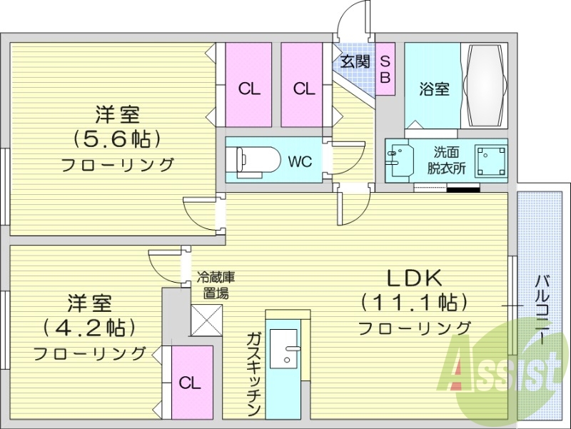 2LDK、エアコン、独立洗面台、ガスキッチン、灯油ボイラー
