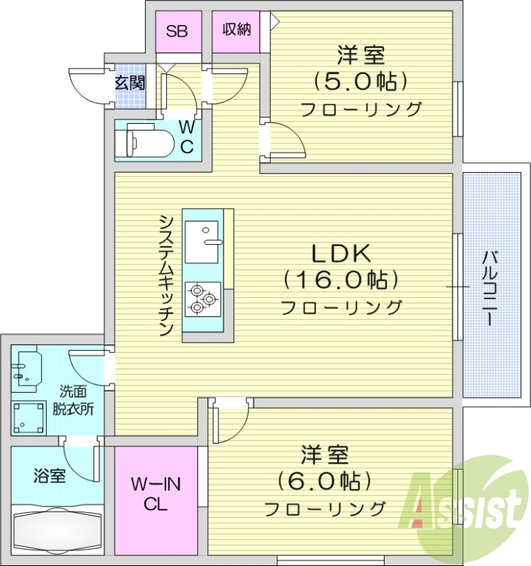 2LDK、エアコン、浴室乾燥機、システムキッチン