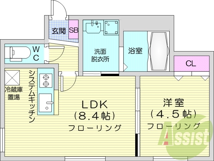 1LDK、都市ガス、エアコン、浴室乾燥機、ネット無料