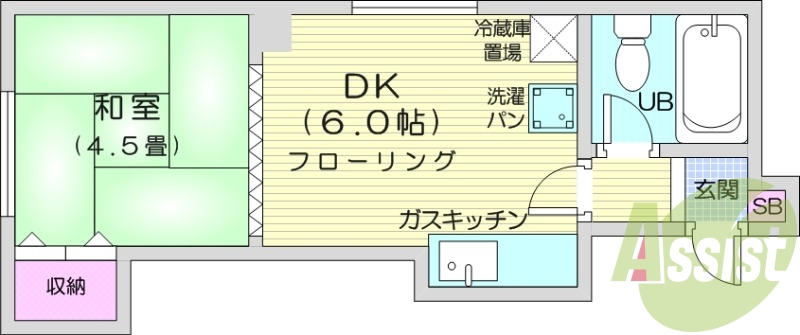 1DK、灯油暖房、室内洗濯機置き場、ケーブルテレビ