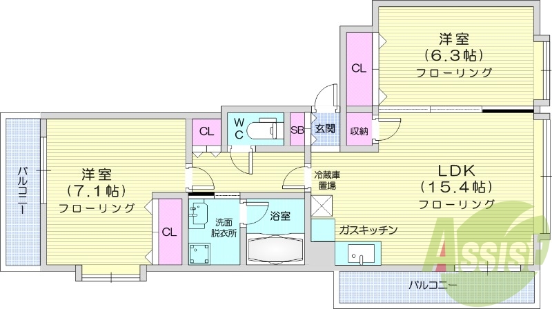 2LDK、オートロック、エアコン、バス・トイレ別