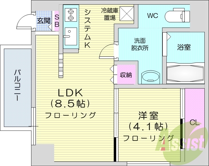 1LDK、システムキッチン、灯油暖房、独立洗面台