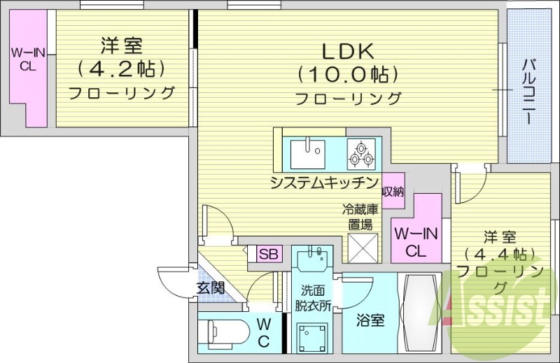 2LDK、エアコン、システムキッチン、浴室乾燥機