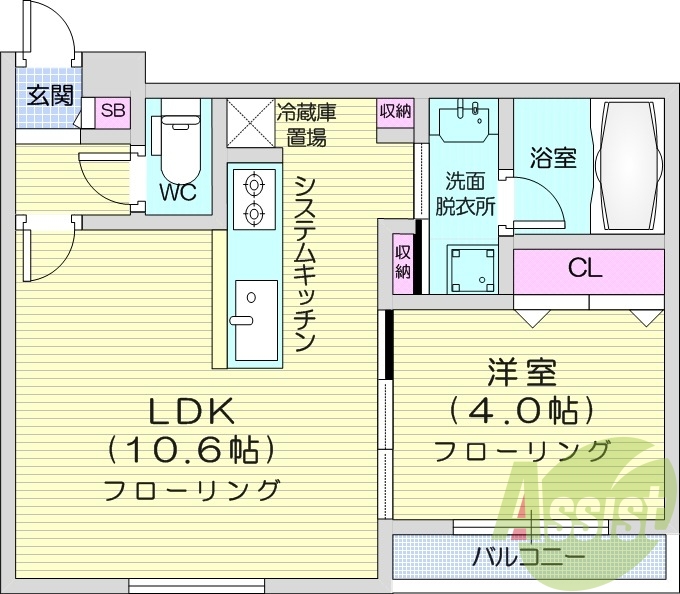 1LDK、エアコン、システムキッチン、浴室乾燥機