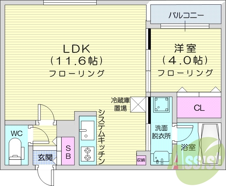 1LDK、エアコン、システムキッチン、浴室乾燥機