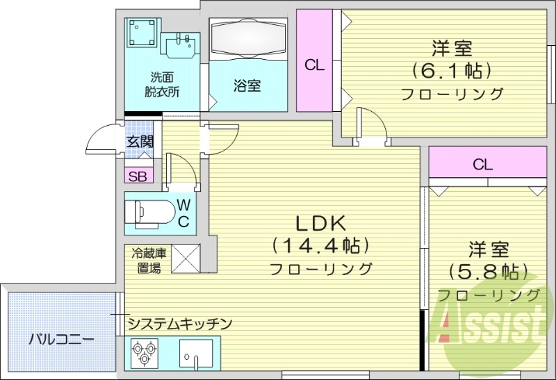 2LDK、都市ガス、エアコン、システムキッチン