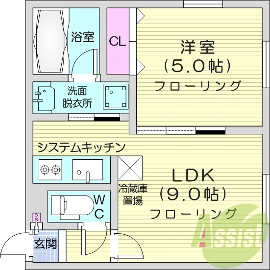 1LDK、角部屋、バストイレ別、シャンプードレッサー