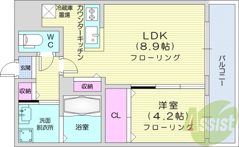1LDK、収納、都市ガス、ネット無料、宅配BOX