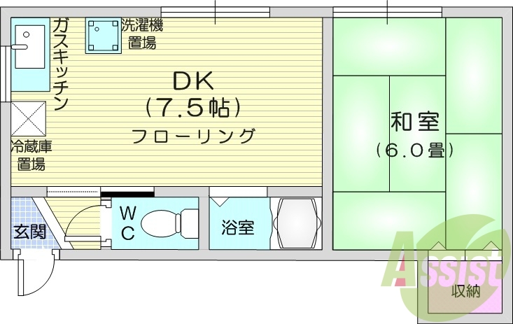 1DK、灯油暖房、バス・トイレ別、シューズボックス、