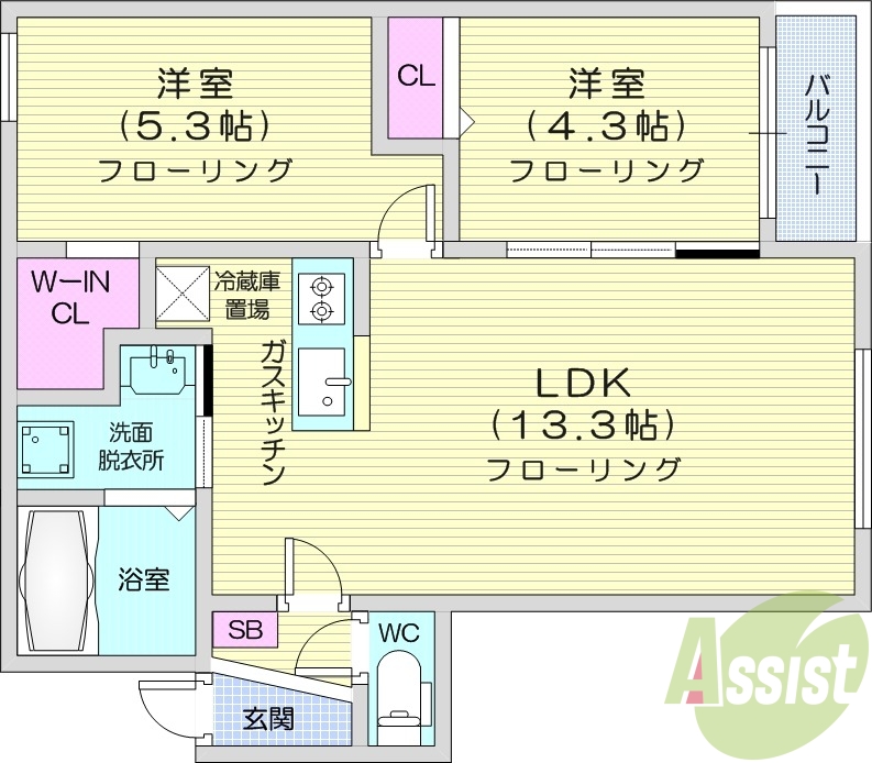 2LDK、エアコン、都市ガス、ネット無料