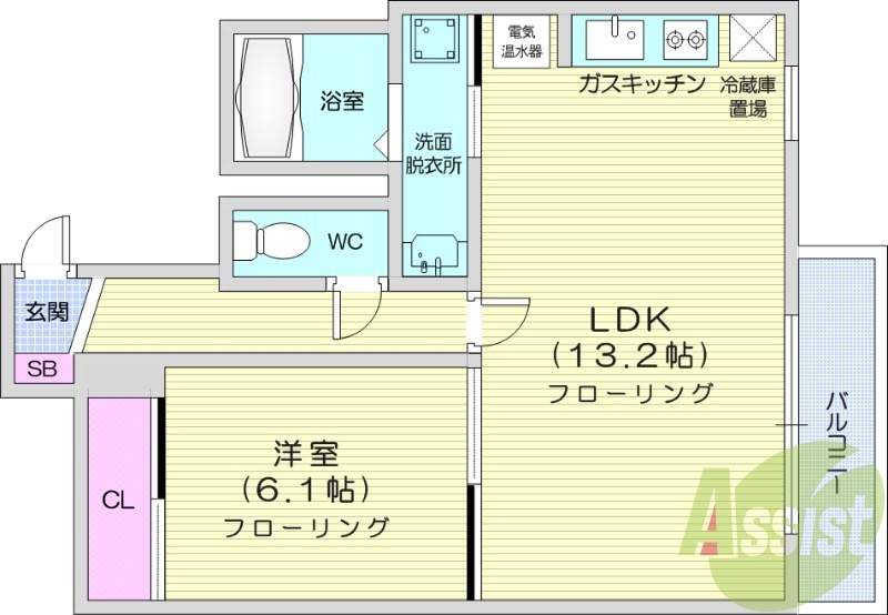 1LDK、クローゼット、洗面所独立、オール電化物件