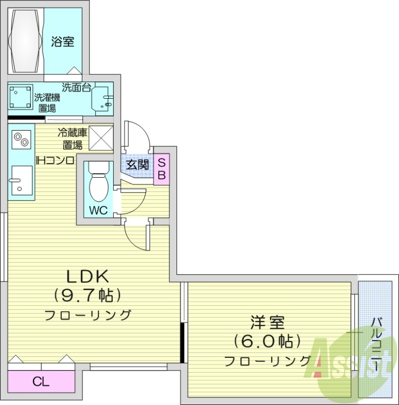 1LDK、角部屋、オートロック、独立洗面台、バルコニー