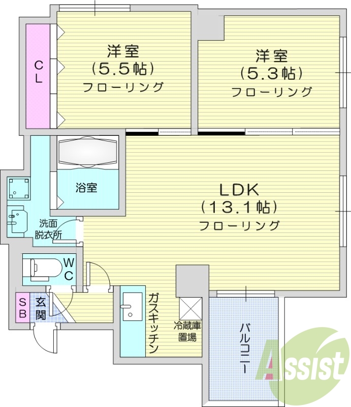 2LDK、都市ガス、ネット無料、ロードヒーティング