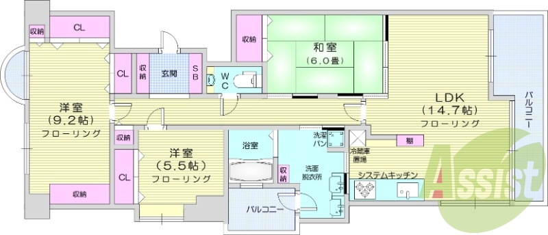 3LDK、都市ガス、エアコン、システムキッチン、追い焚き