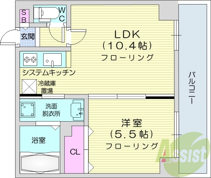 1LDK、システムキッチン、バルコニー