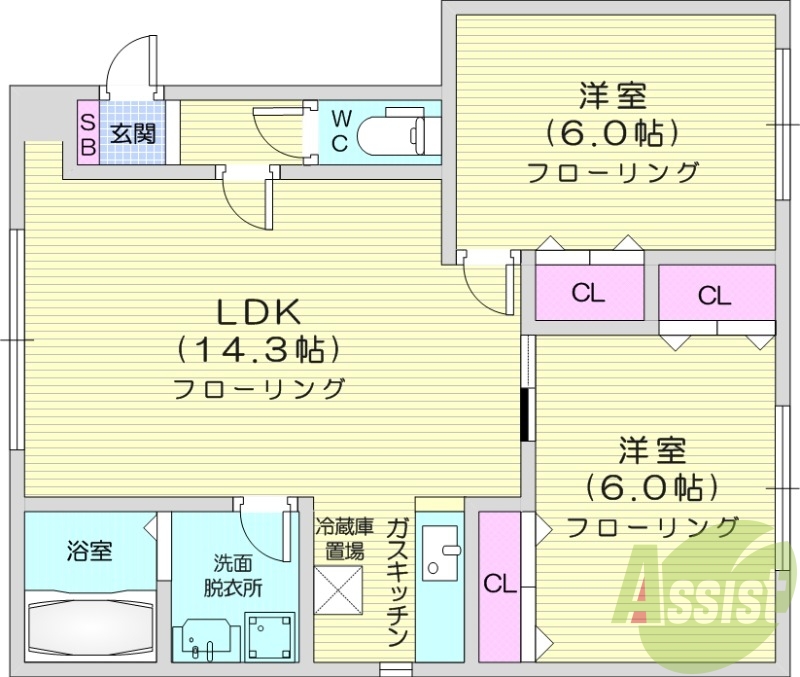 2LDK、灯油暖房、独立洗面台、