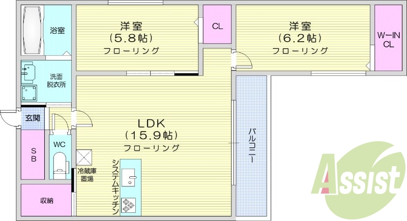 2LDK、エアコン、システムキッチン、追い焚き
