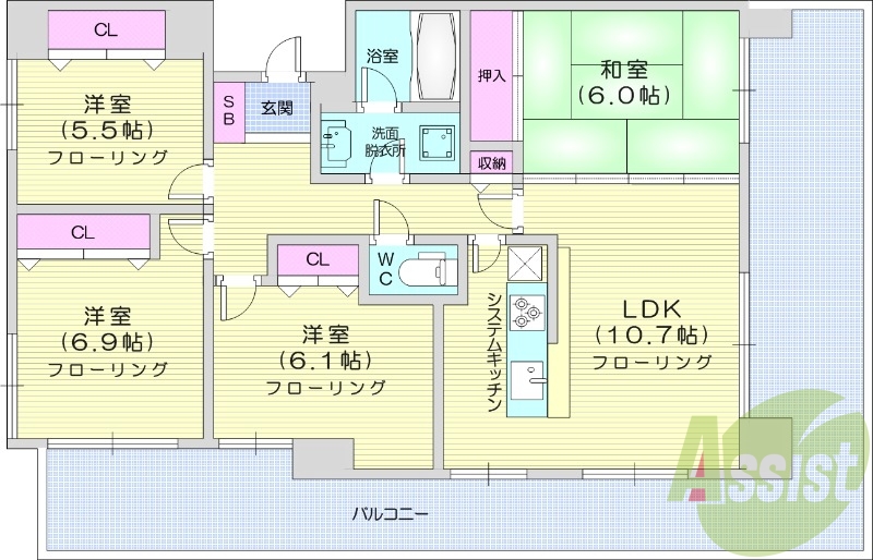 4LDK、都市ガス、エアコン、システムキッチン