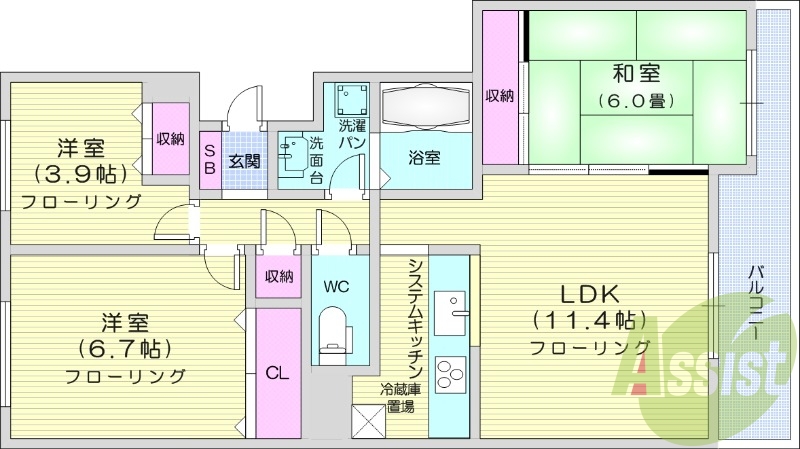 3LDK、都市ガス、エアコン、システムキッチン