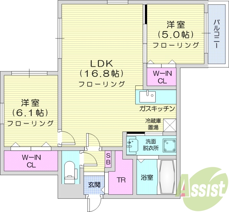2LDK、オートロック、独立洗面台、角部屋