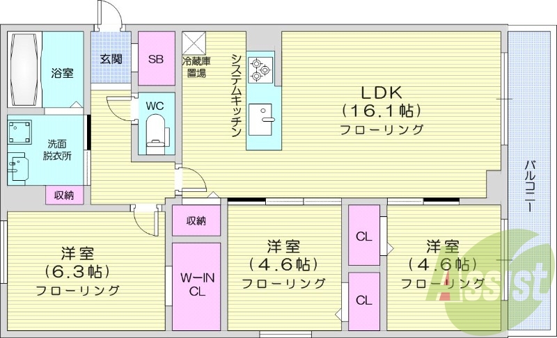 3LDK、エアコン、都市ガス、システムキッチン
