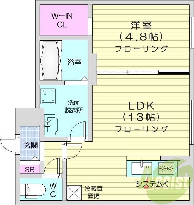 1LDK、エアコン、都市ガス、システムキッチン