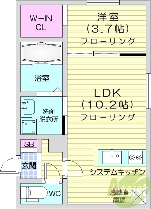 1LDK、エアコン、システムキッチン、ネット無料
