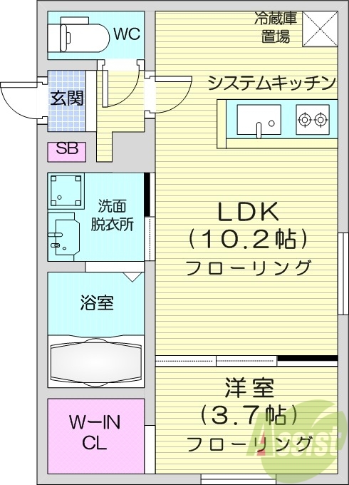 1LDK、エアコン、システムキッチン、ネット無料