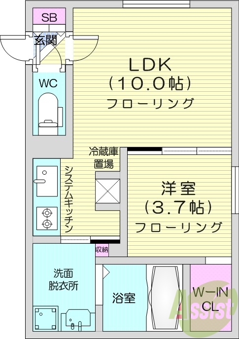 1LDK、エアコン、システムキッチン、ネット無料