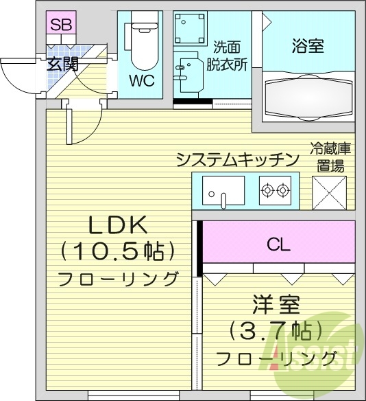 1LDK、エアコン、システムキッチン、ネット無料