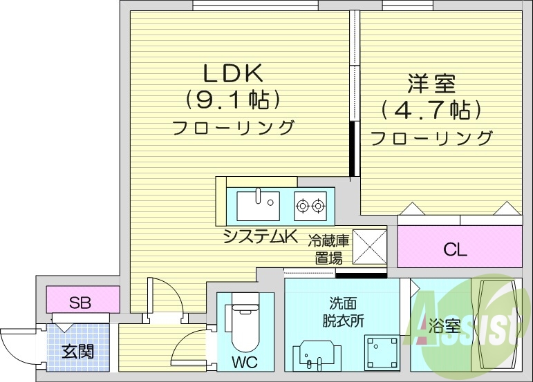 1LDK、エアコン、都市ガス、システムキッチン