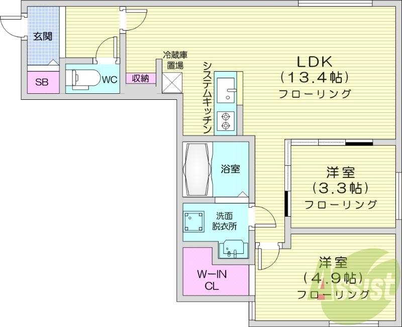 2LDK、エアコン、都市ガス、システムキッチン
