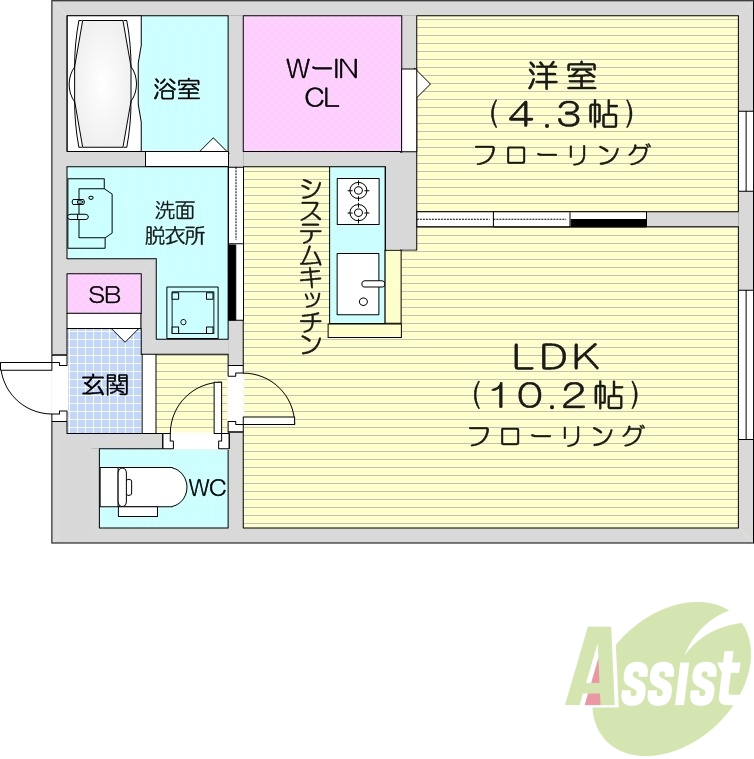 1LDK、エアコン、都市ガス、システムキッチン