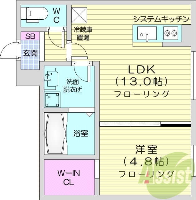 1LDK、エアコン、都市ガス、システムキッチン