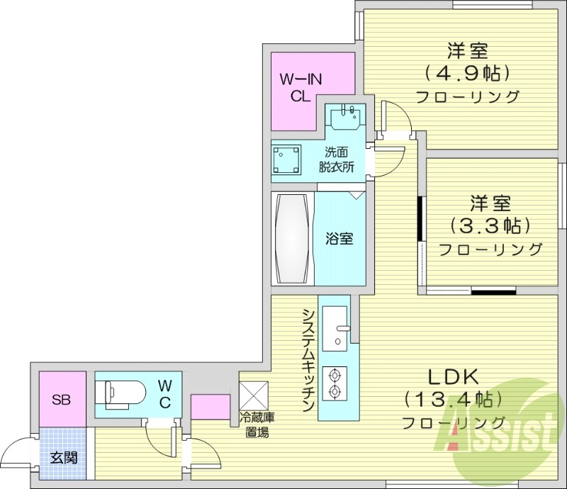 2LDK、エアコン、都市ガス、システムキッチン