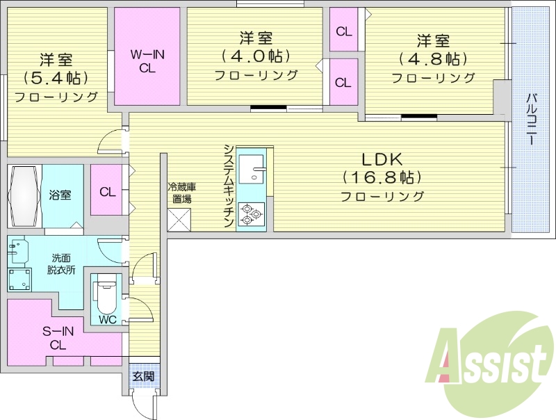 3LDK、エアコン、都市ガス、システムキッチン