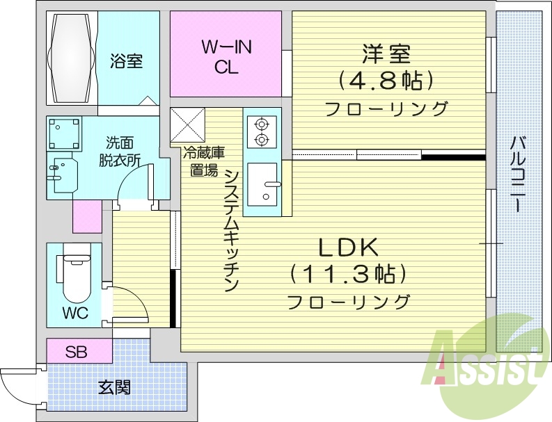 1LDK、エアコン、都市ガス、システムキッチン