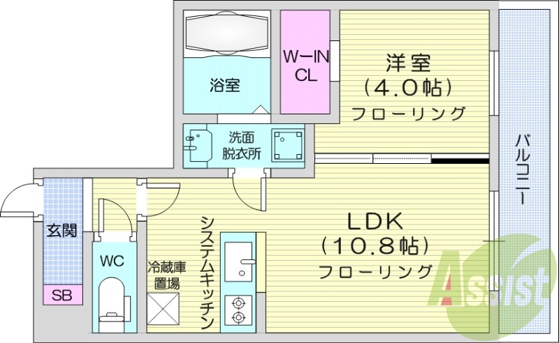 1LDK、エアコン、都市ガス、システムキッチン