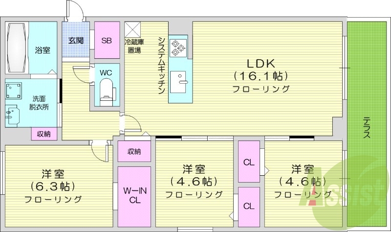 3LDK、エアコン、都市ガス、システムキッチン