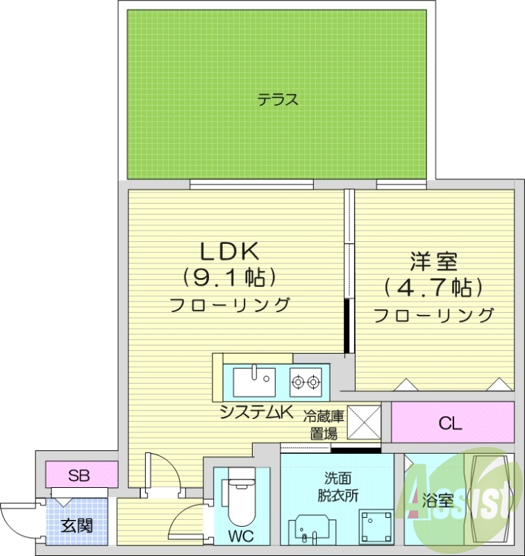 1LDK、エアコン、都市ガス、システムキッチン