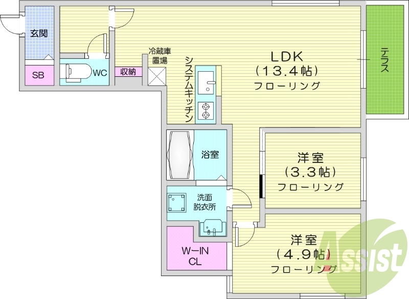 2LDK、エアコン、都市ガス、システムキッチン