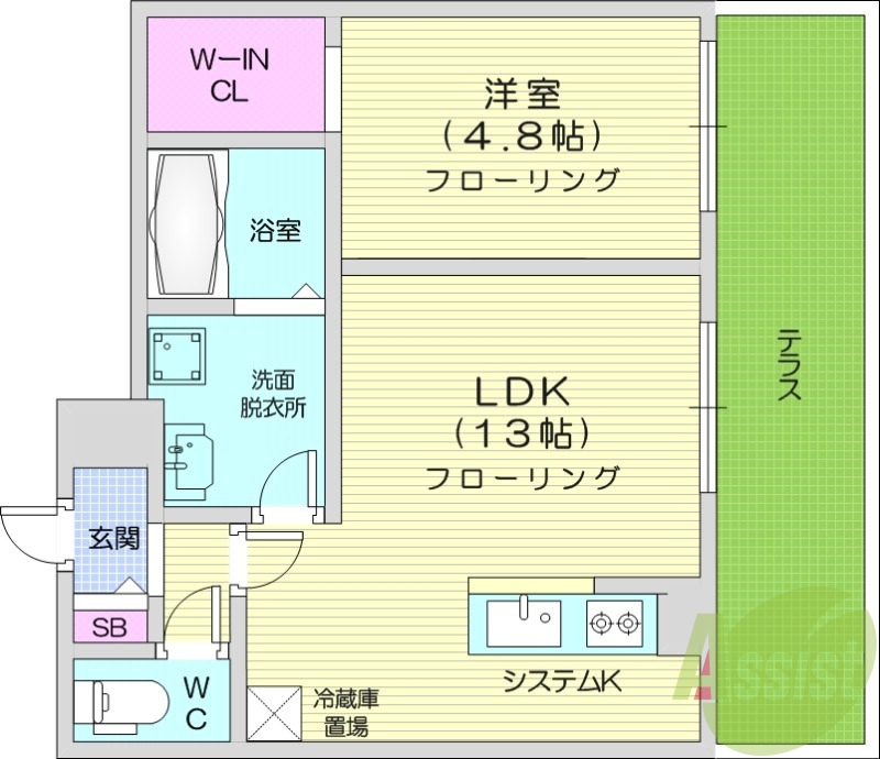 1LDK、エアコン、都市ガス、システムキッチン