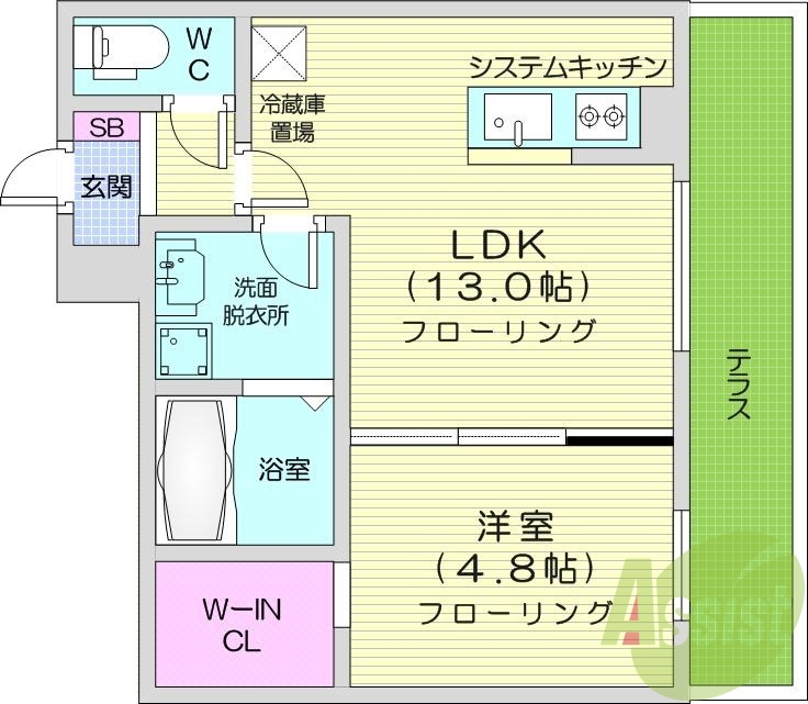 1LDK、エアコン、都市ガス、システムキッチン